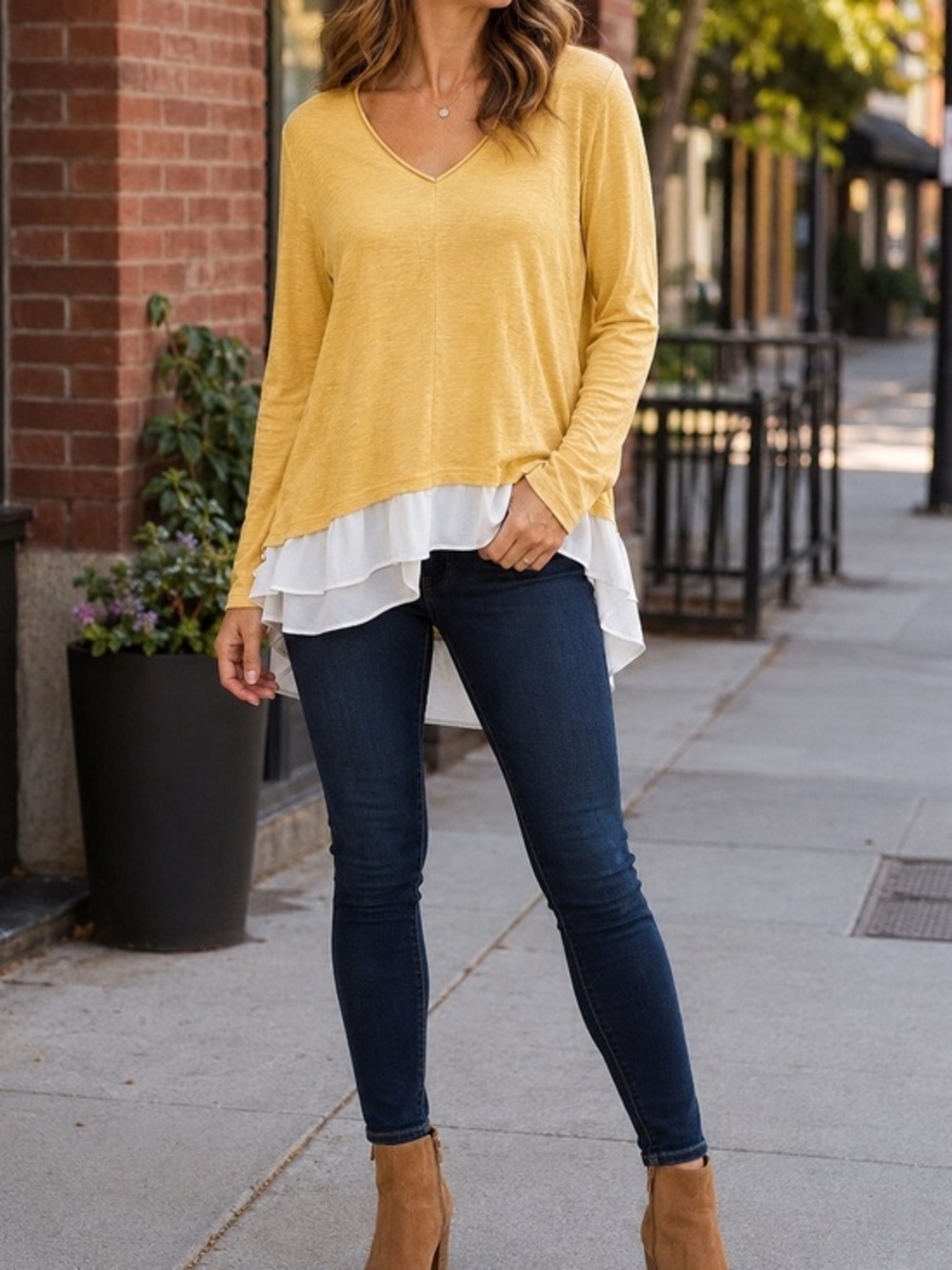 White House Black Market Yellow V-Neck Layered Hem Long-Sleeve Top
